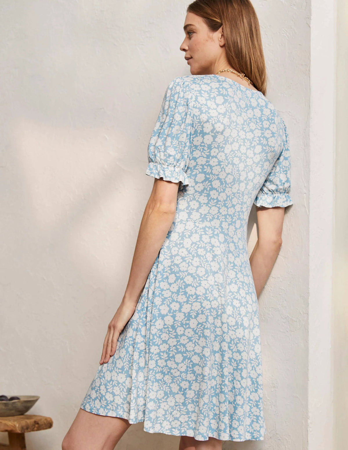 V-Neck Jersey Dress-Dusty Blue, Ditsy Prairie