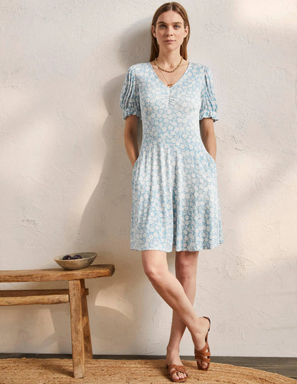 V-Neck Jersey Dress-Dusty Blue, Ditsy Prairie