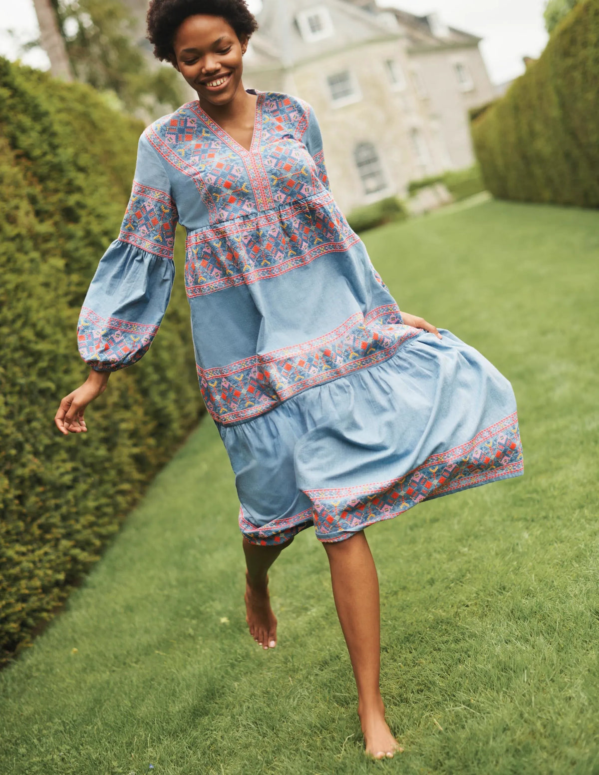 Tiered Embroidered Maxi Dress-Light Chambray