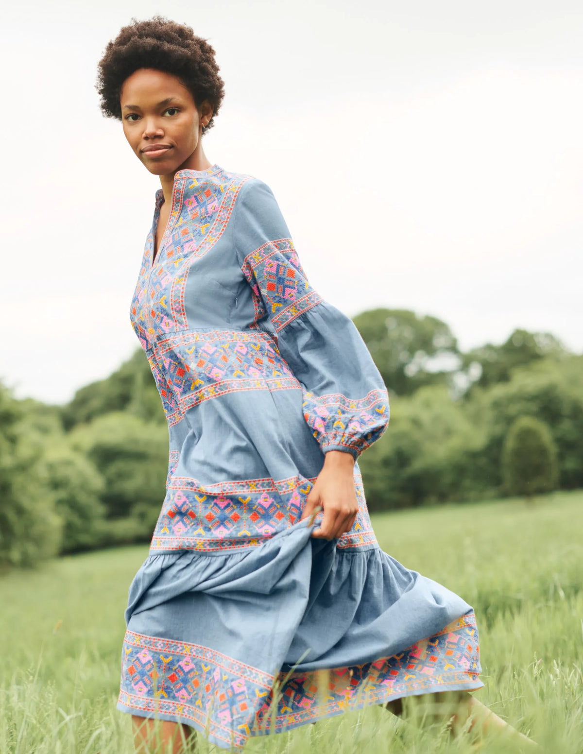 Tiered Embroidered Maxi Dress-Light Chambray