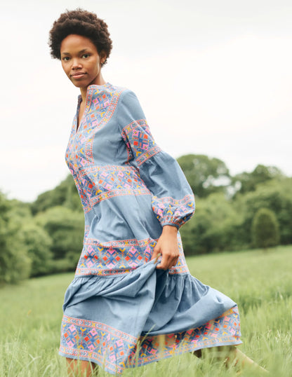 Tiered Embroidered Maxi Dress-Light Chambray