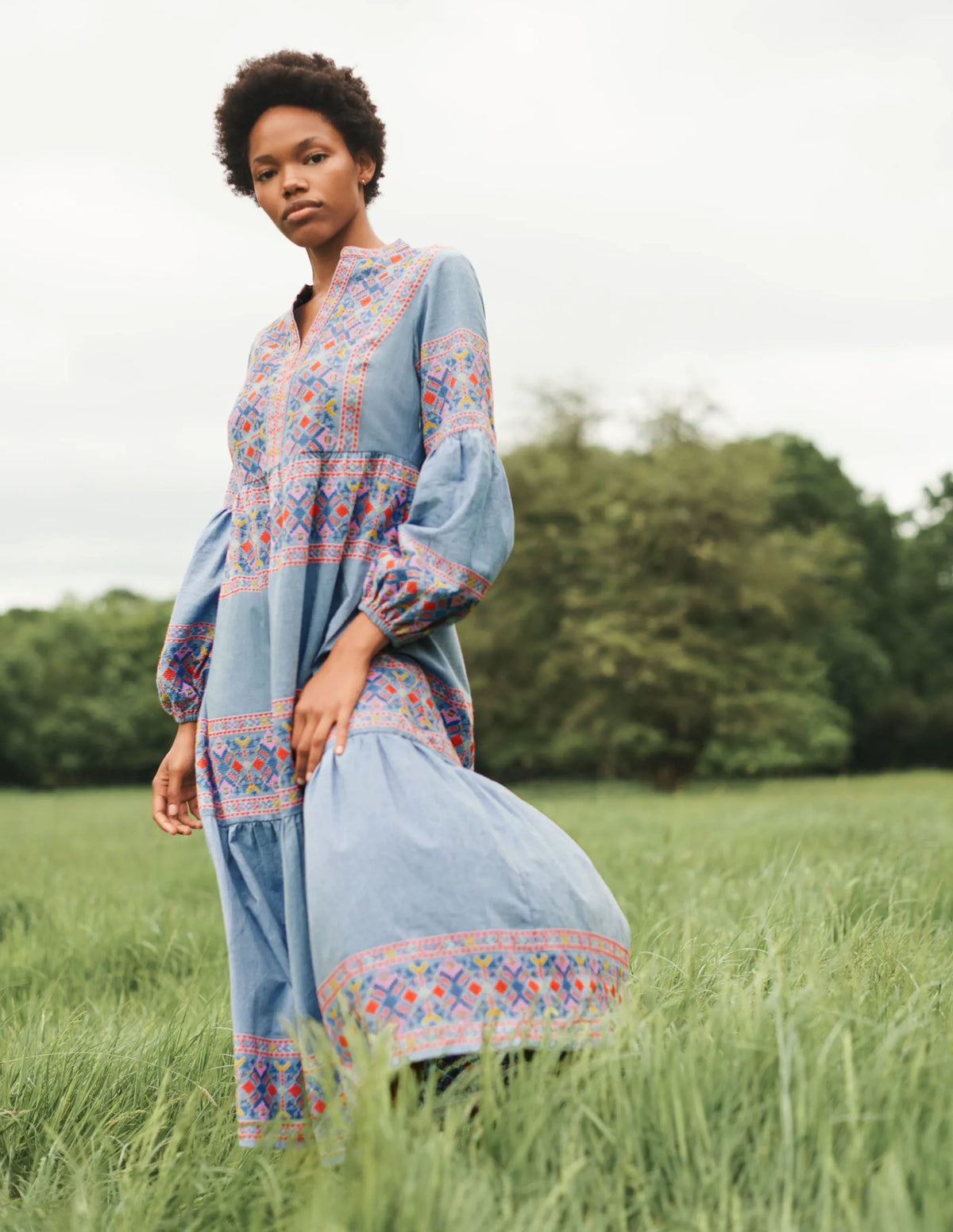 Tiered Embroidered Maxi Dress-Light Chambray