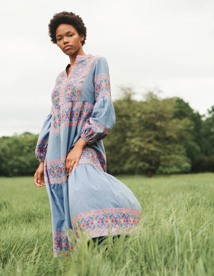 Tiered Embroidered Maxi Dress-Light Chambray