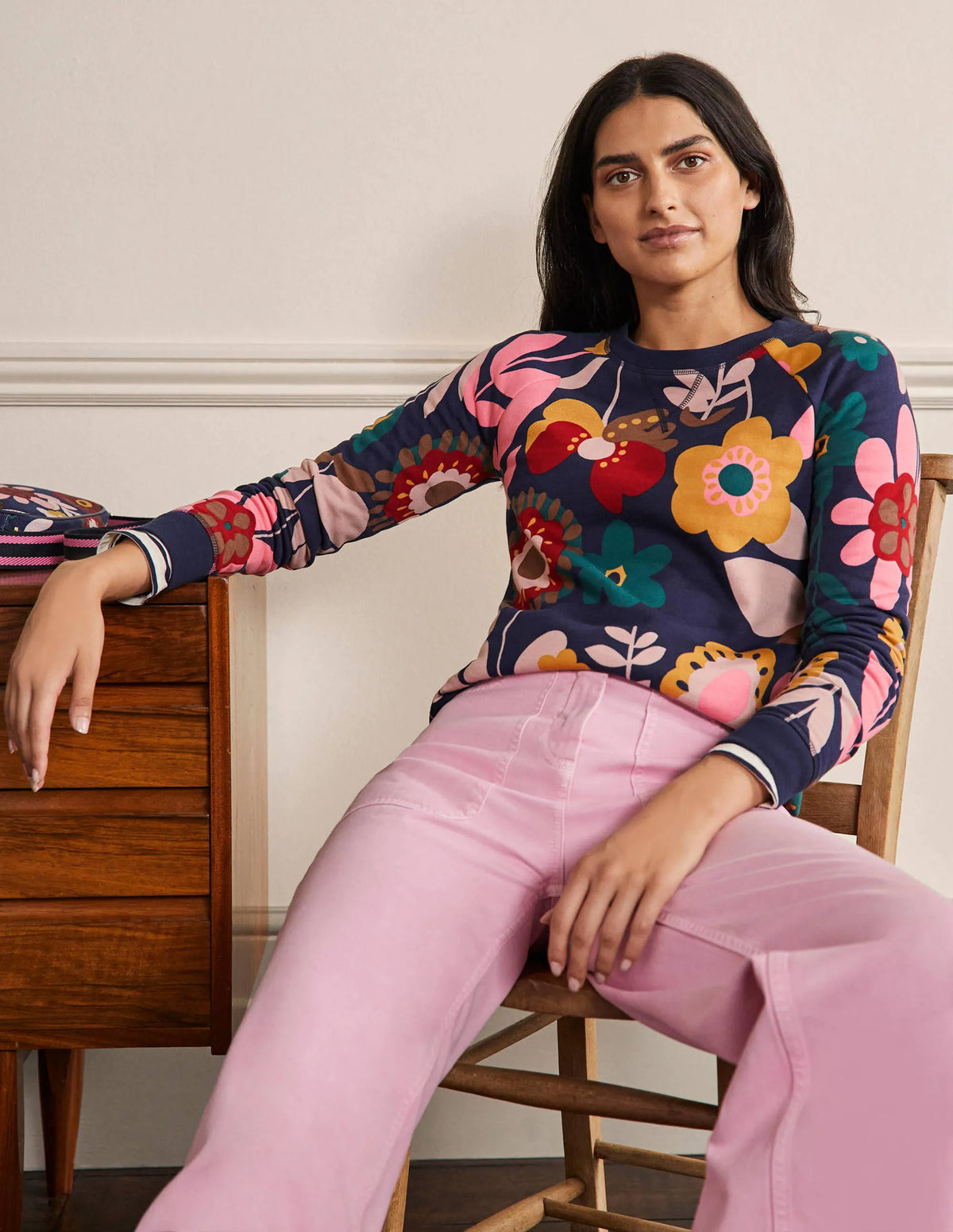 Printed Cotton Sweatshirt-Navy Flora Bloom
