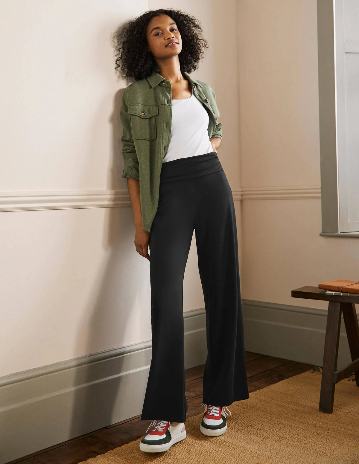 Wide Leg Jersey Pants-Black