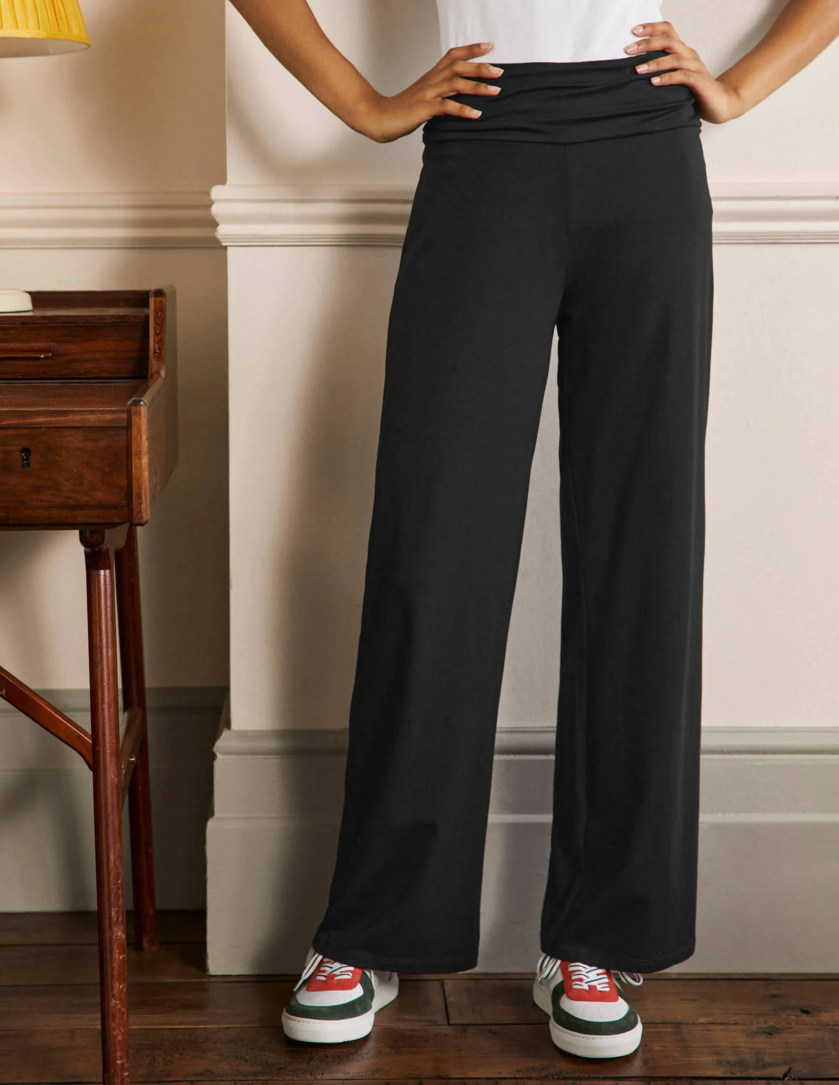 Wide Leg Jersey Pants-Black