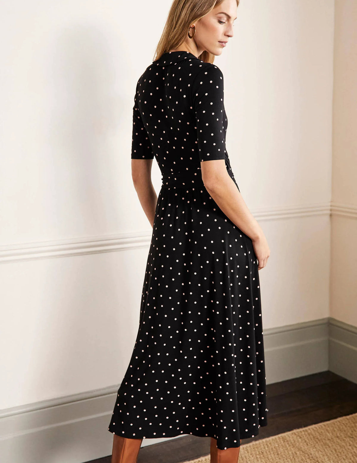 Lavinia Jersey Wrap Dress-Black, Polka Dot