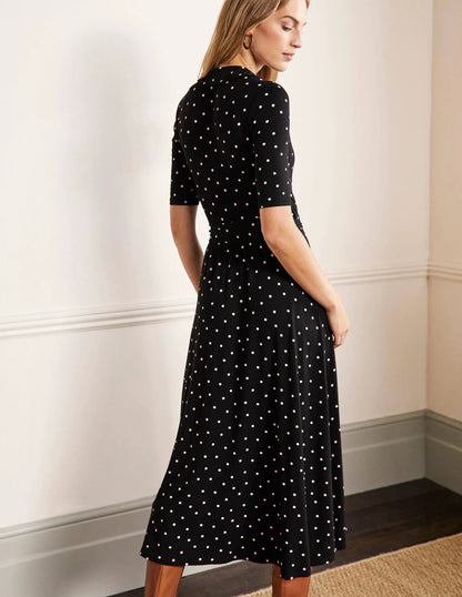 Lavinia Jersey Wrap Dress-Black, Polka Dot