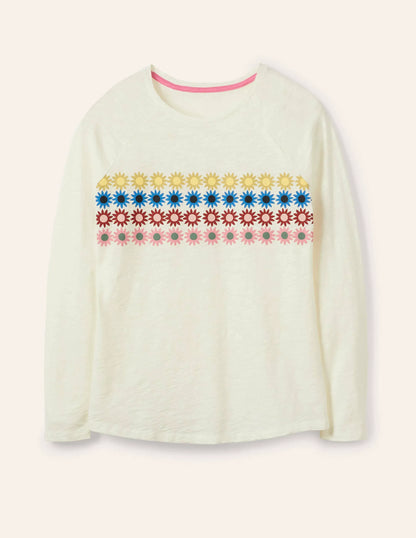 Lorna Baseball Top-Ivory, Floral Chest Stripe