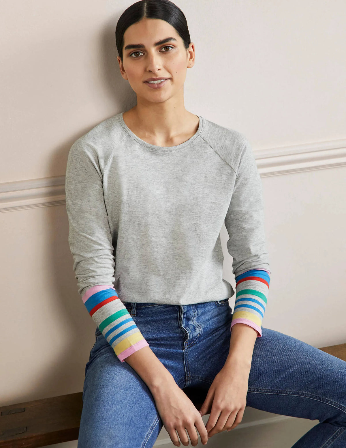 Lorna Baseball Top-Cherry Blossom, Grey Cuff