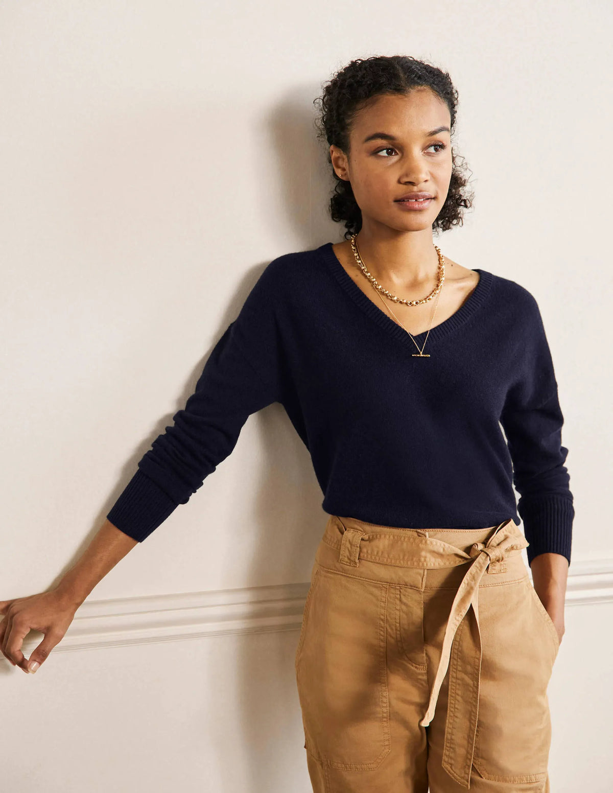 Cashmere V-neck Relax Jumper-Navy