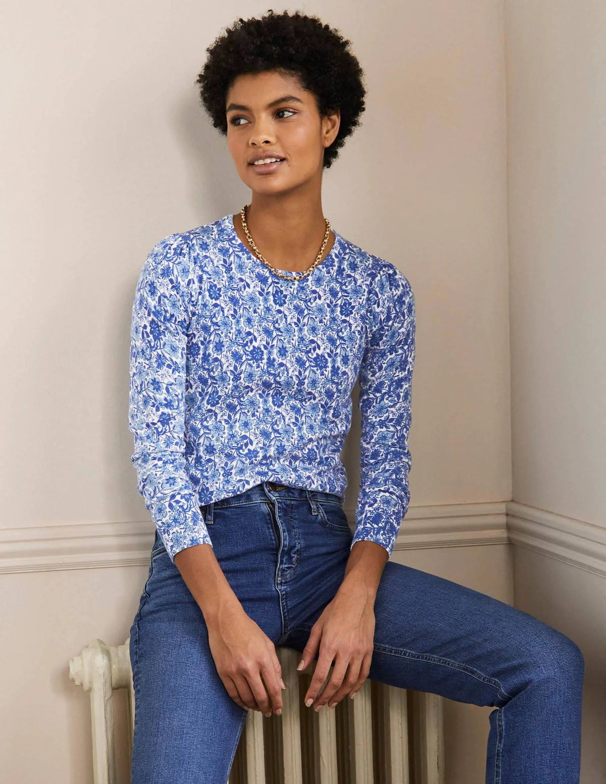 Cotton Crew Neck Sweater-Dawn Sky, Floret Bloom