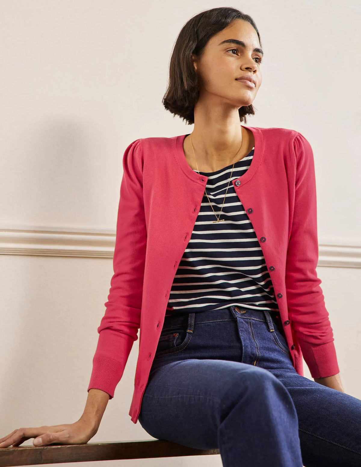 Cotton Crew Neck Cardigan-Radish