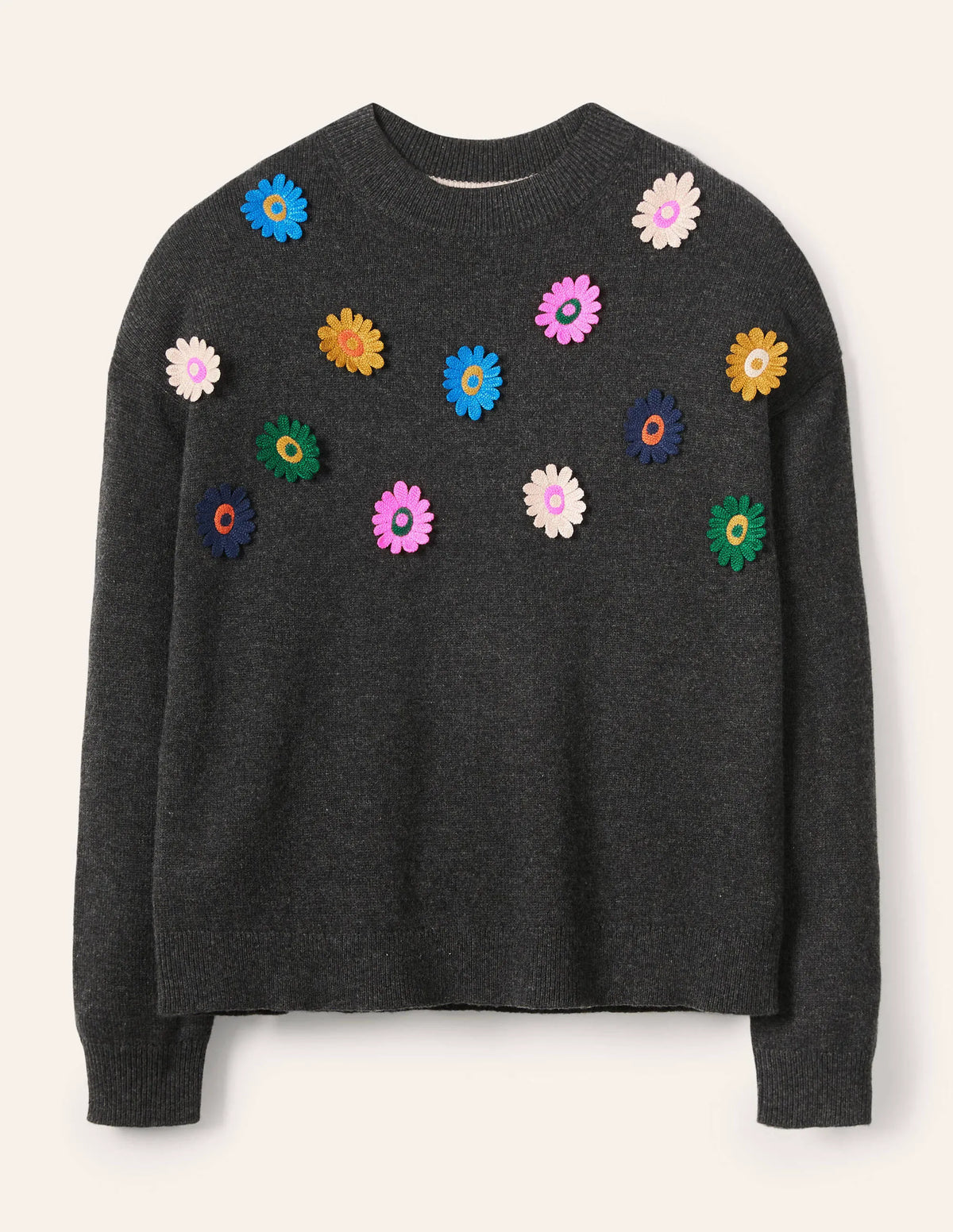 Relaxed Embroidered Sweater-Charcoal Melange, Sunflower