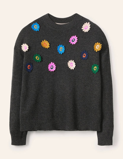 Relaxed Embroidered Sweater-Charcoal Melange, Sunflower