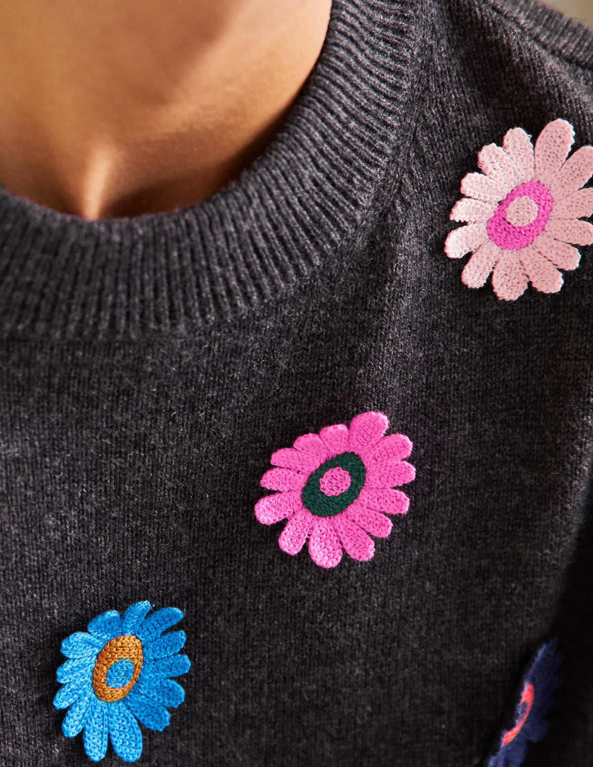 Relaxed Embroidered Sweater-Charcoal Melange, Sunflower
