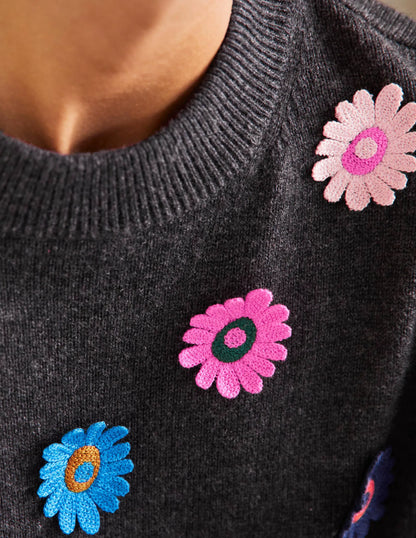 Relaxed Embroidered Sweater-Charcoal Melange, Sunflower