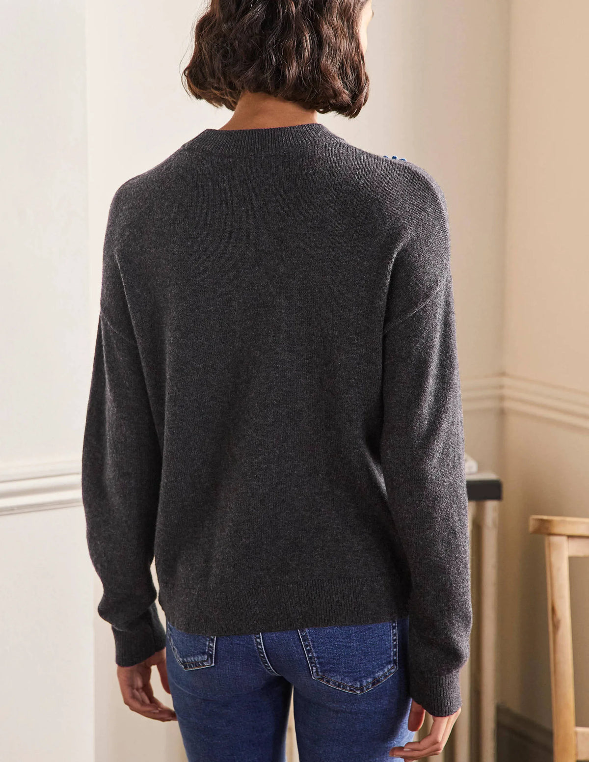 Relaxed Embroidered Sweater-Charcoal Melange, Sunflower