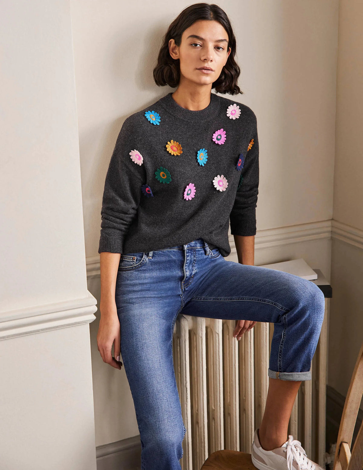 Relaxed Embroidered Sweater-Charcoal Melange, Sunflower