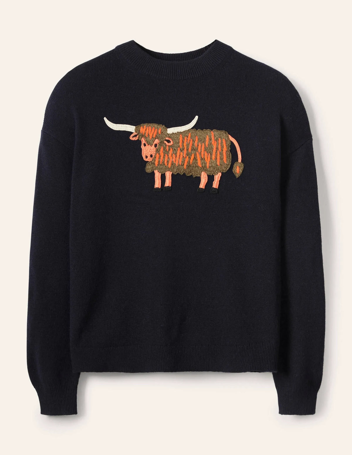 Relaxed Embroidered Sweater-Navy, Highland Cow