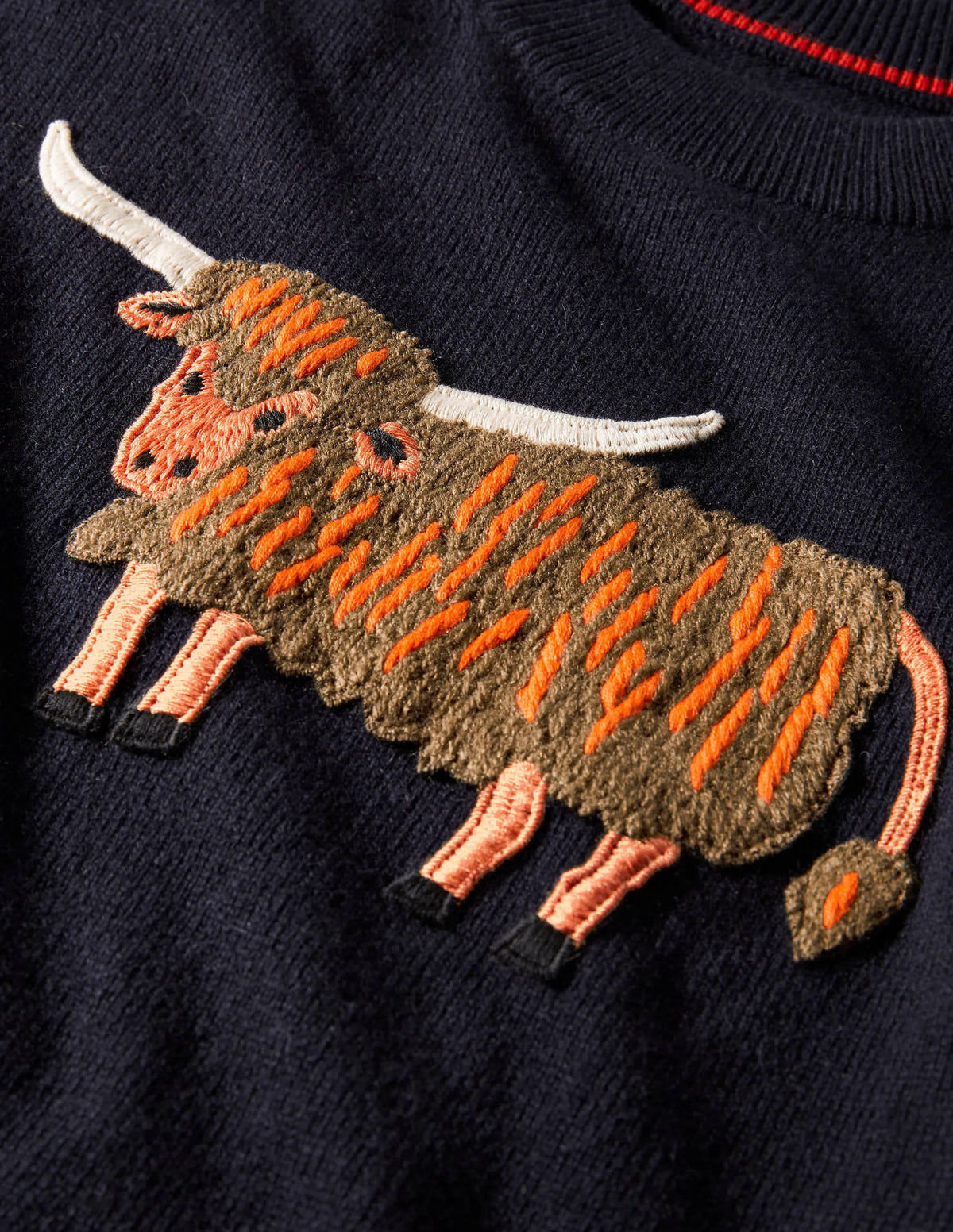 Relaxed Embroidered Sweater-Navy, Highland Cow