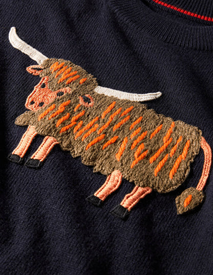 Relaxed Embroidered Sweater-Navy, Highland Cow