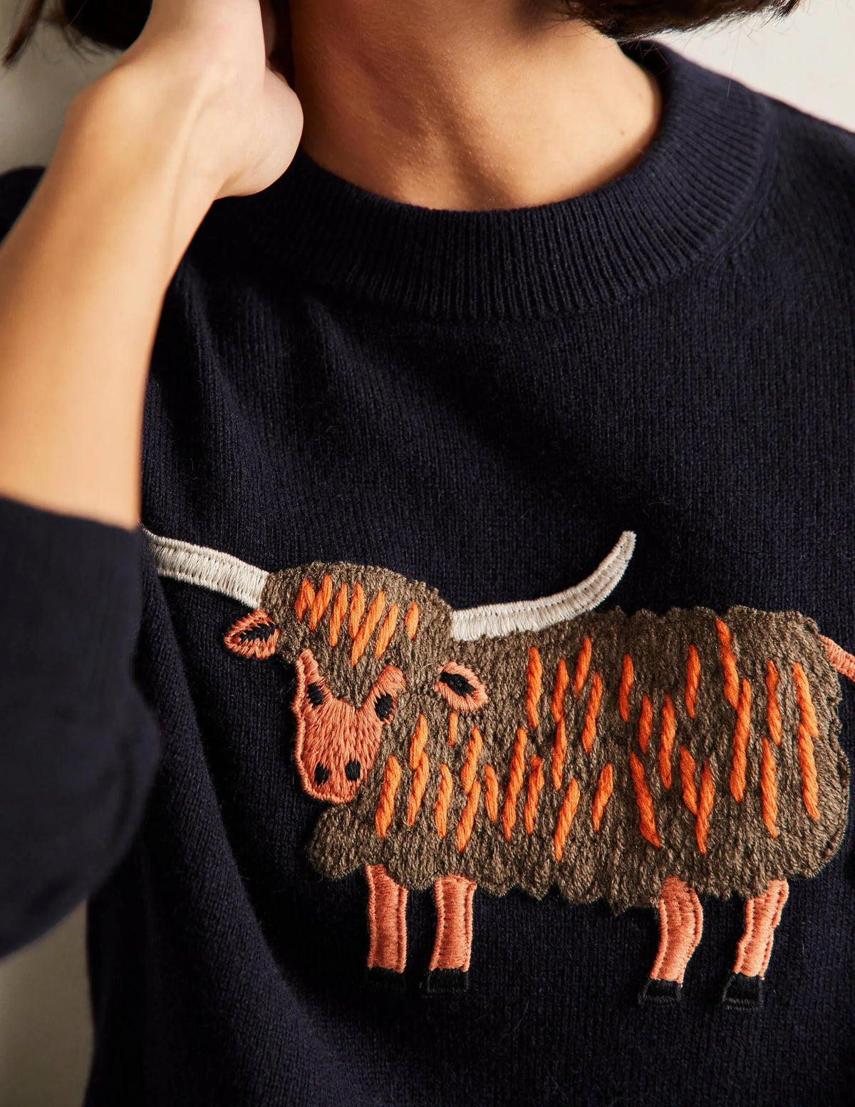 Relaxed Embroidered Sweater-Navy, Highland Cow