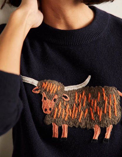 Relaxed Embroidered Sweater-Navy, Highland Cow