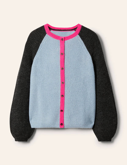 Fluffy Colourblock Cardigan-Dawn Blue, Charcoal