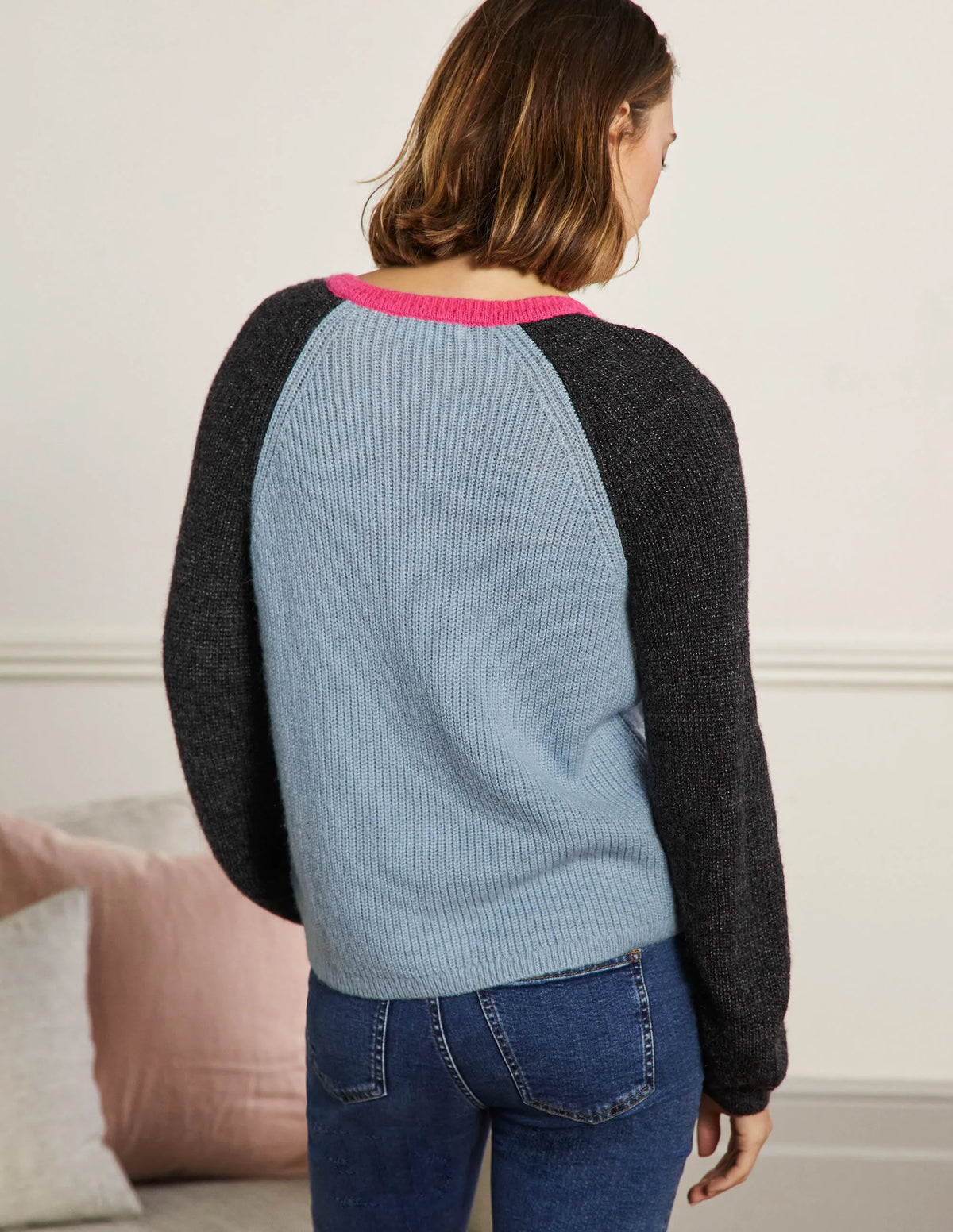 Fluffy Colourblock Cardigan-Dawn Blue, Charcoal