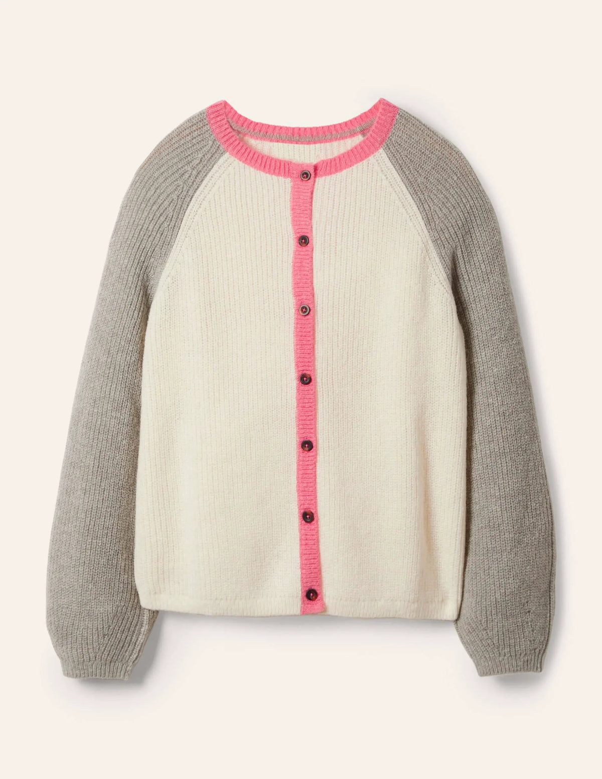 Fluffy Colourblock Cardigan-Ivory, Grey Melange