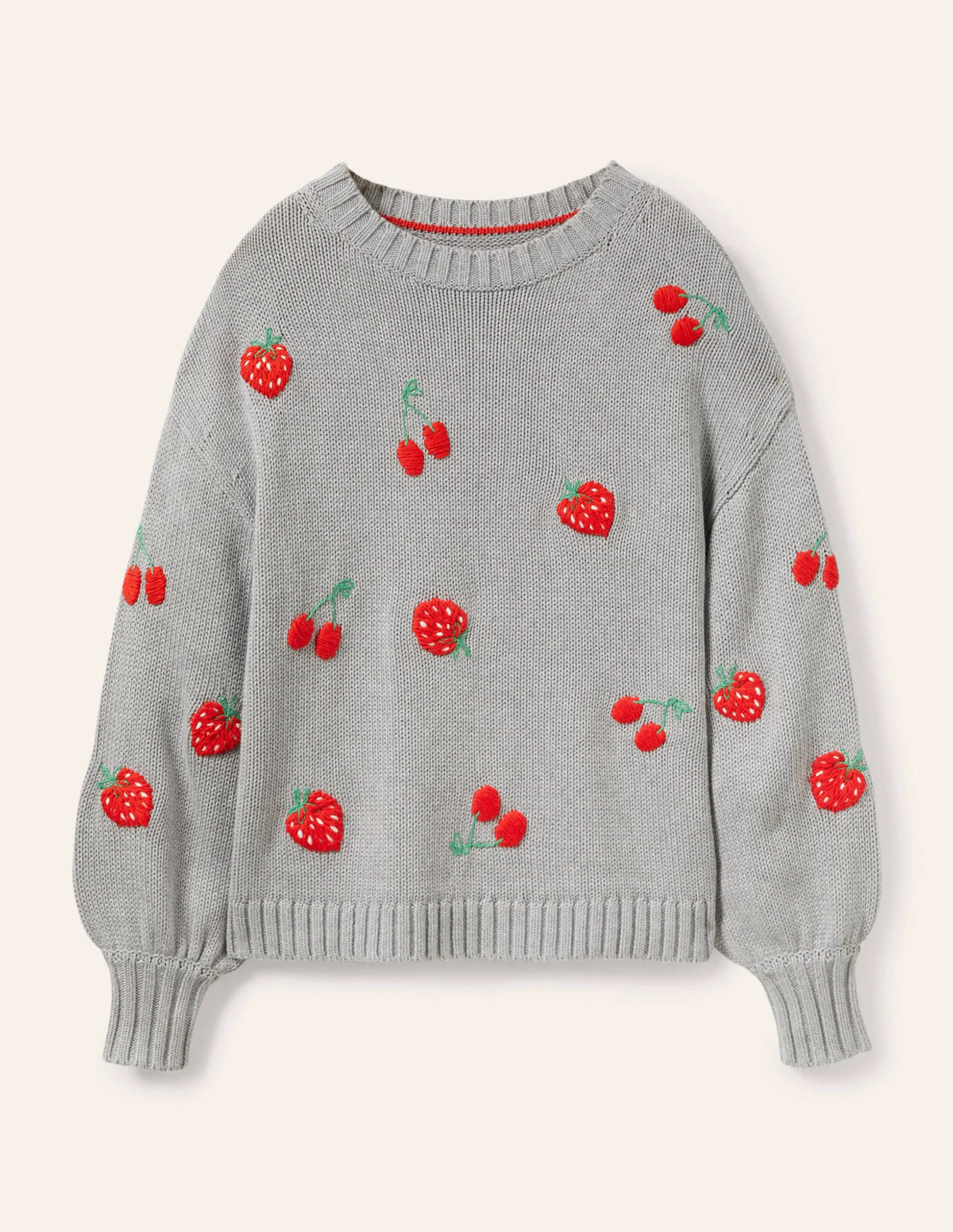 Embroidered Blouson Sweater-Silver Melange, Berries