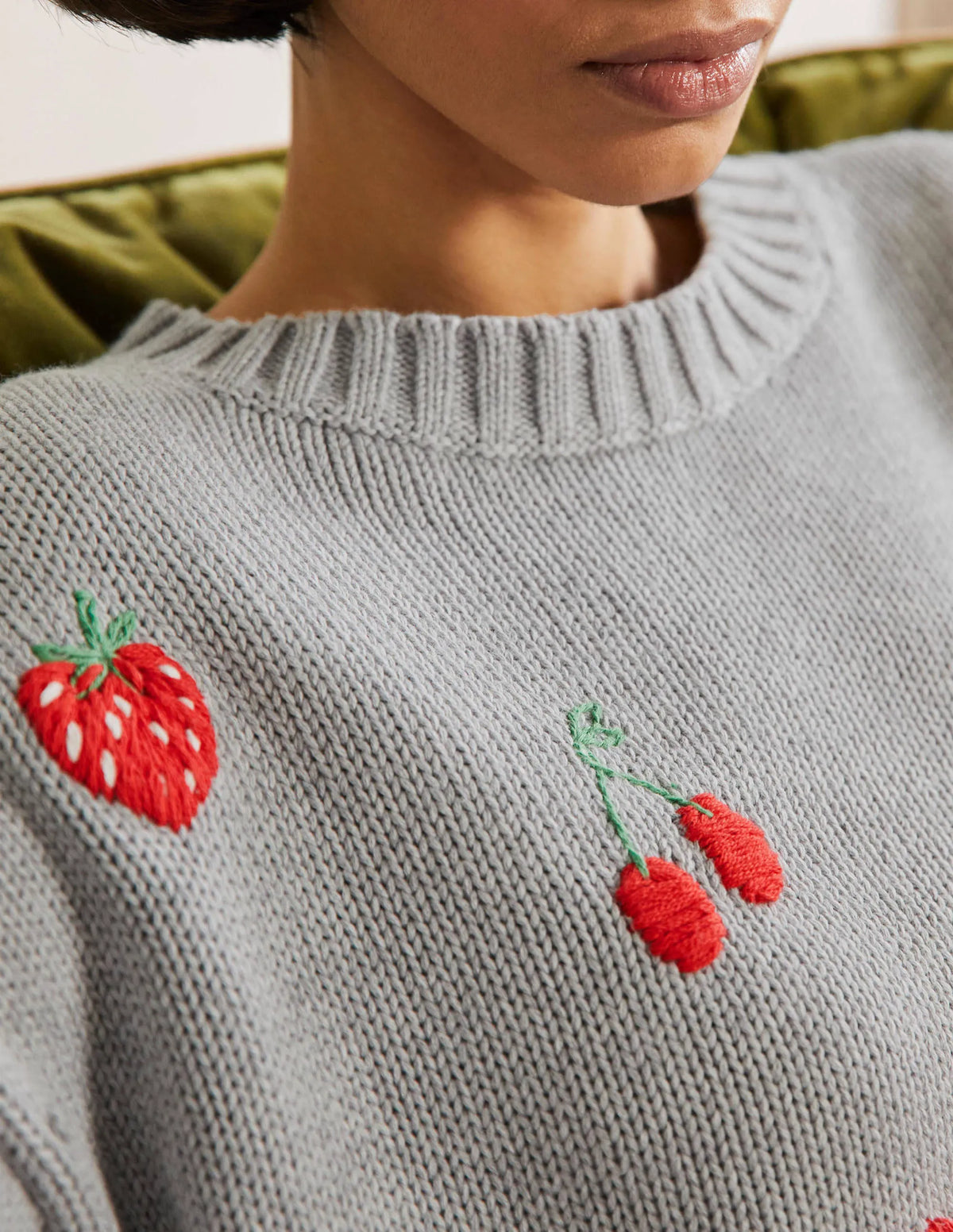 Embroidered Blouson Sweater-Silver Melange, Berries