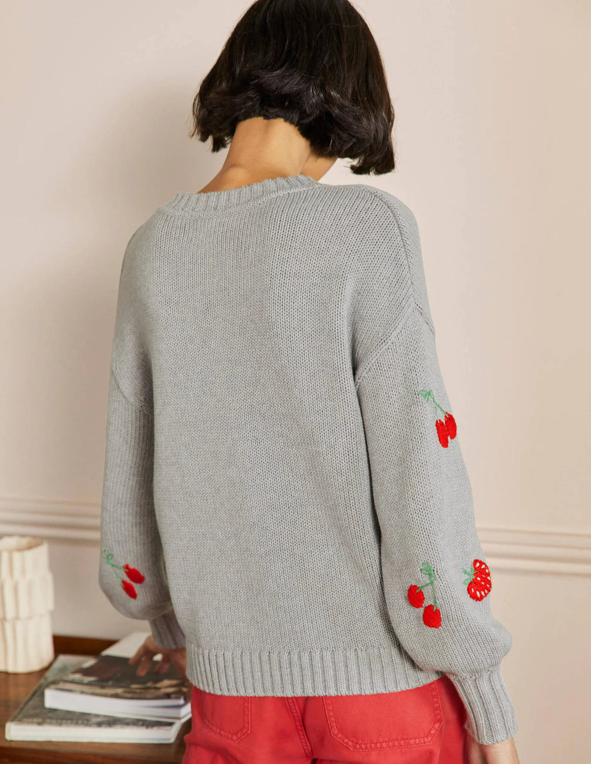 Embroidered Blouson Sweater-Silver Melange, Berries