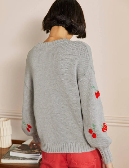 Embroidered Blouson Sweater-Silver Melange, Berries
