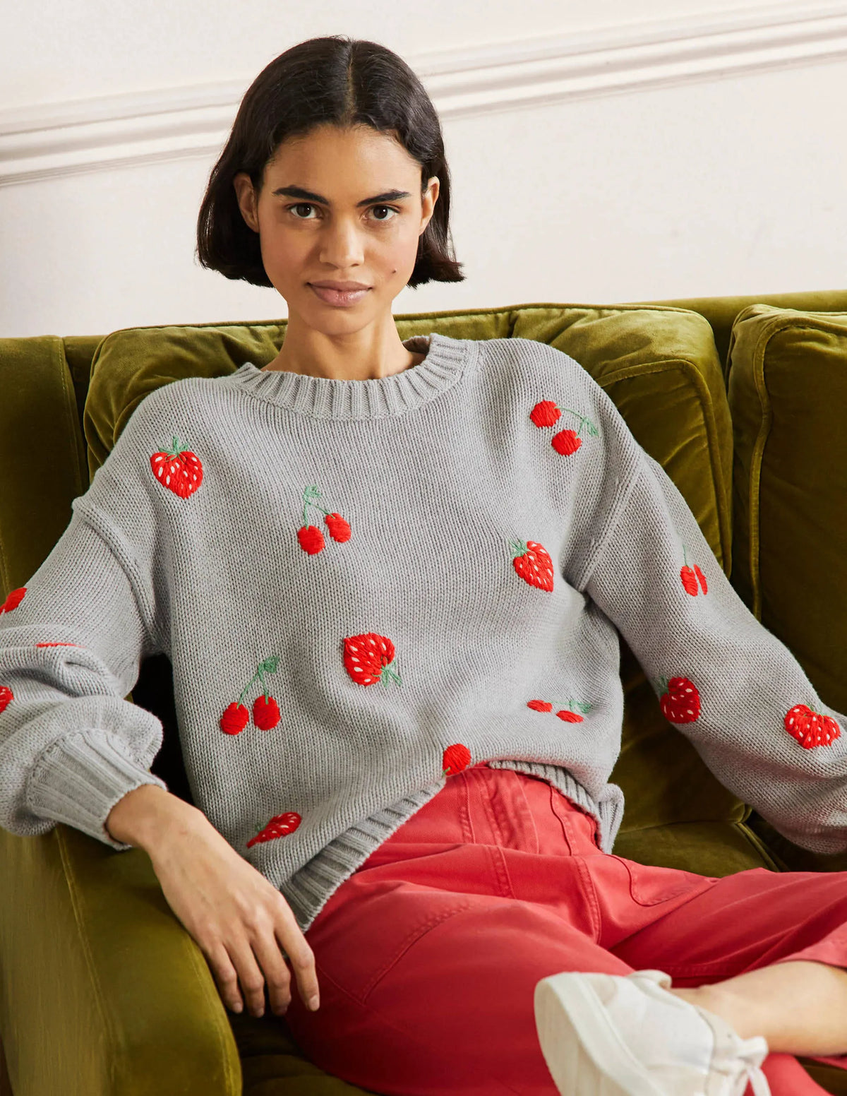 Embroidered Blouson Sweater-Silver Melange, Berries