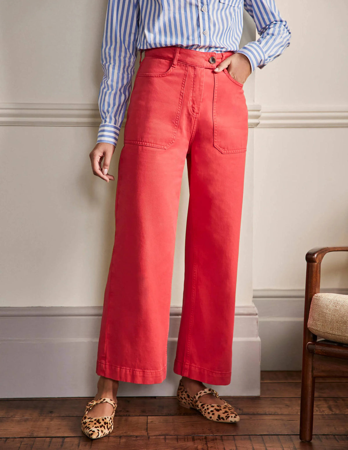 Wide Leg Cotton Twill Pants-Red