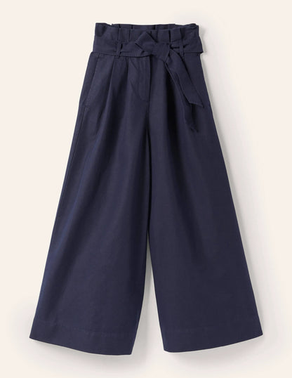 Linen Blend Wide Leg Culottes-Navy