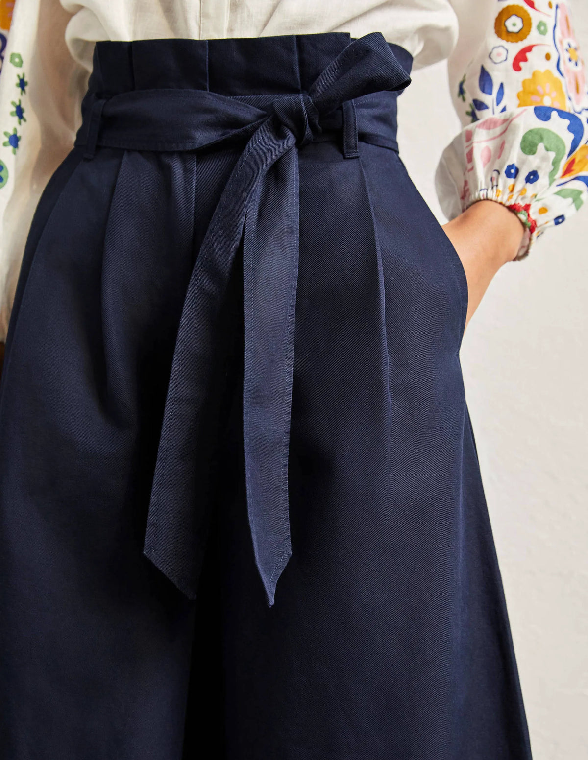 Linen Blend Wide Leg Culottes-Navy