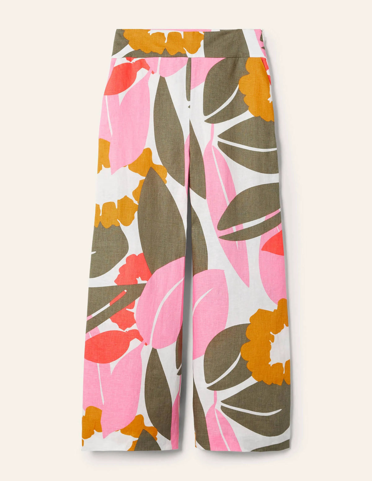 Printed Linen Pants-Ivory, Abstract Bloom