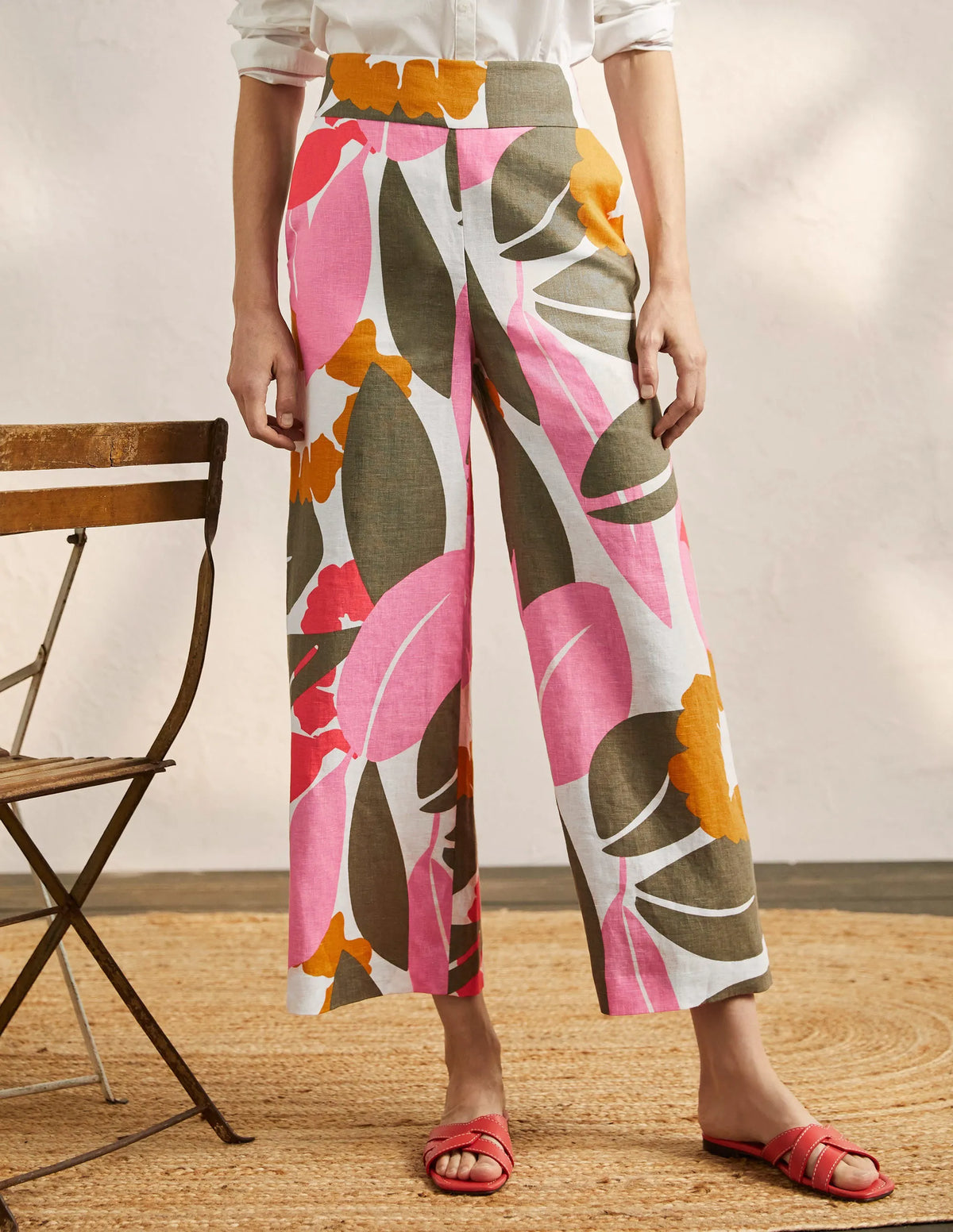 Printed Linen Pants-Ivory, Abstract Bloom