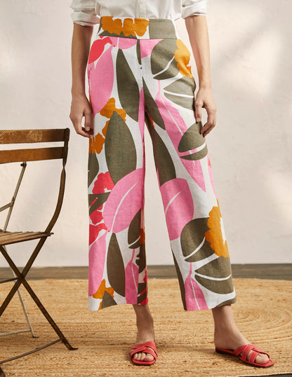 Printed Linen Pants-Ivory, Abstract Bloom