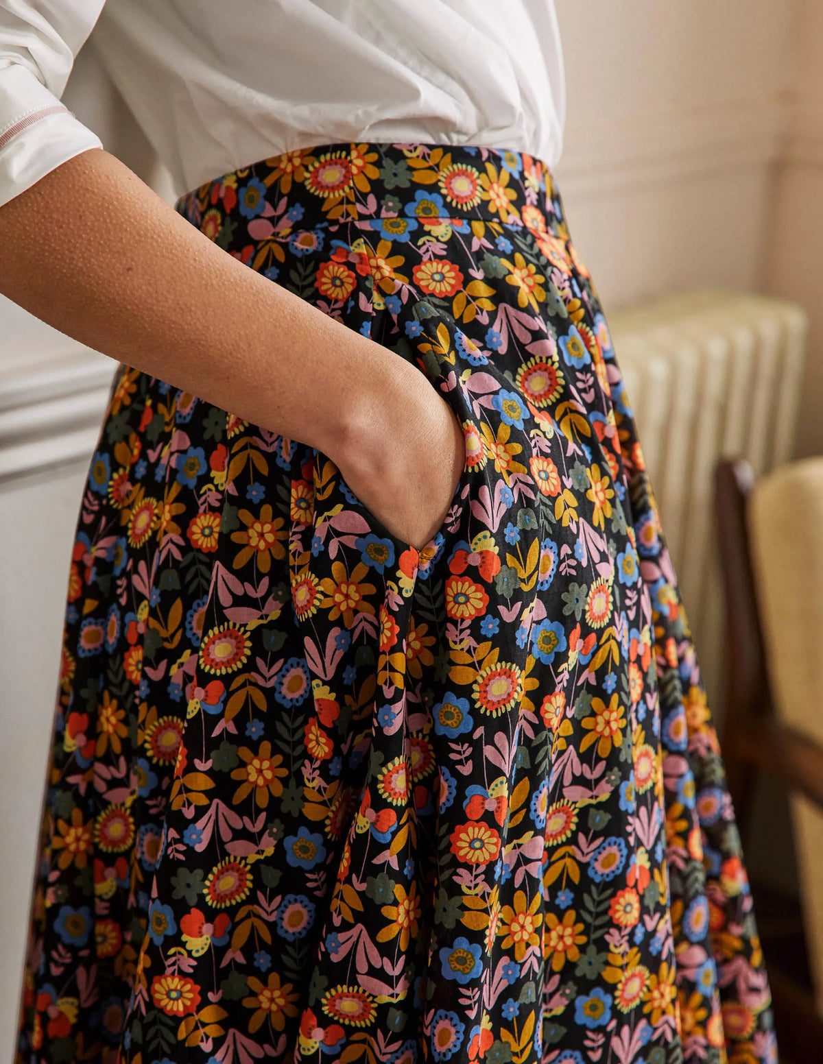 Full Cotton Midi Skirt-Black, Flora Bloom