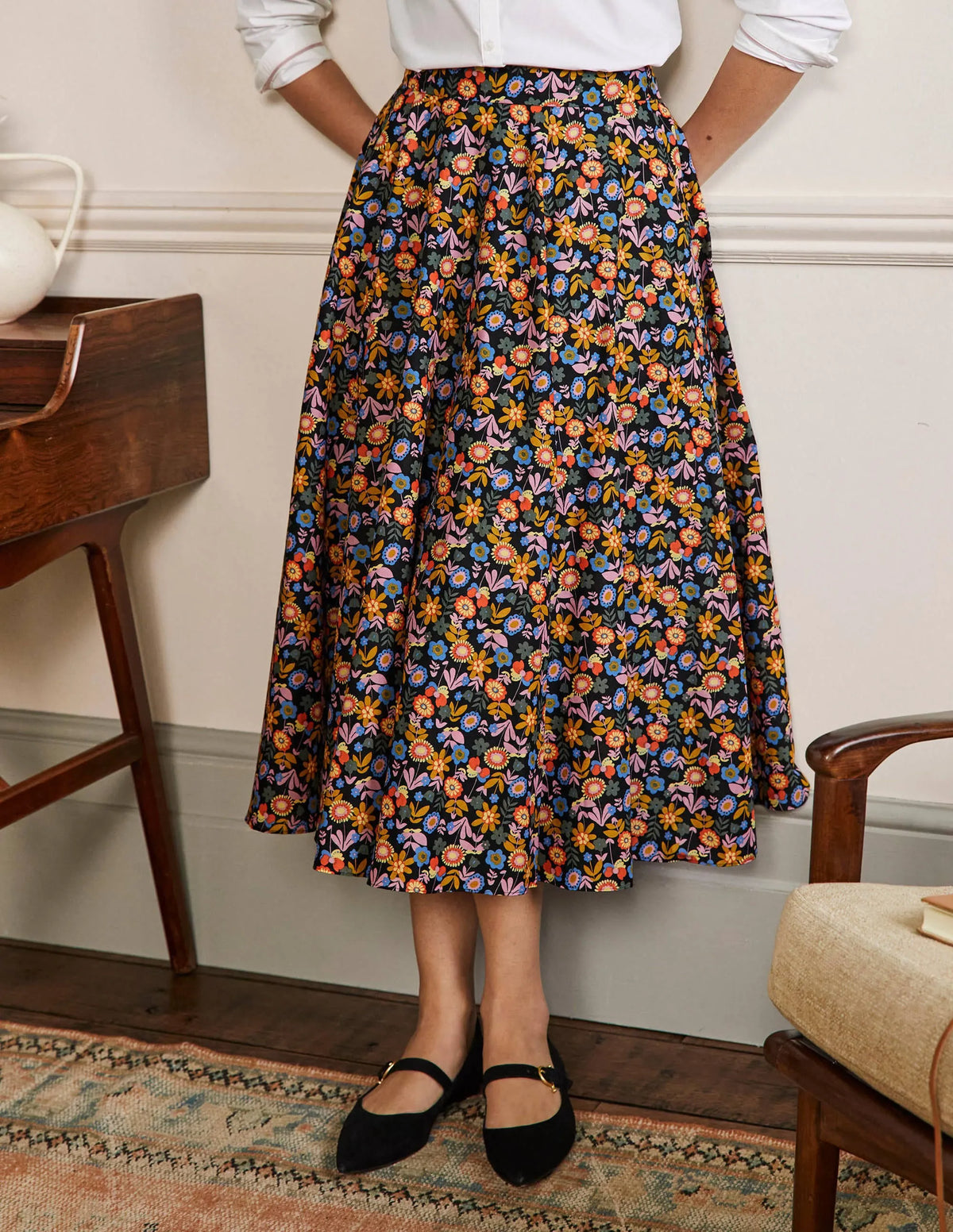 Full Cotton Midi Skirt-Black, Flora Bloom
