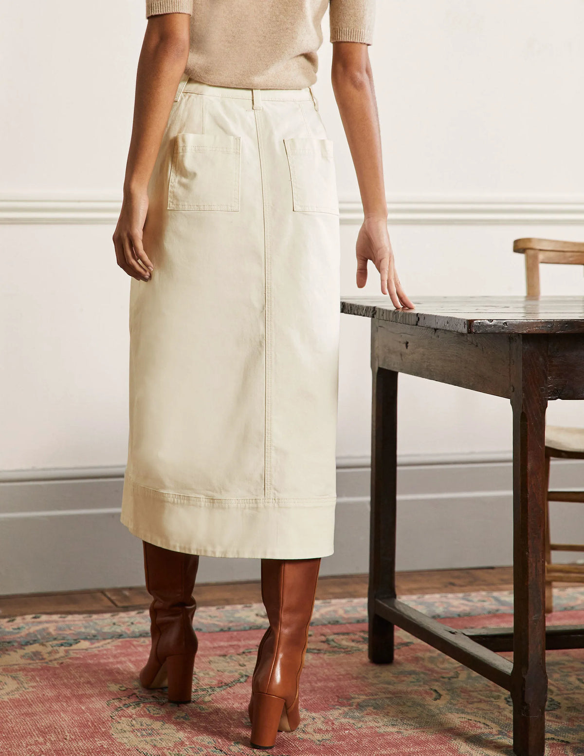 Topstitch Detail Midi Skirt-Ecru