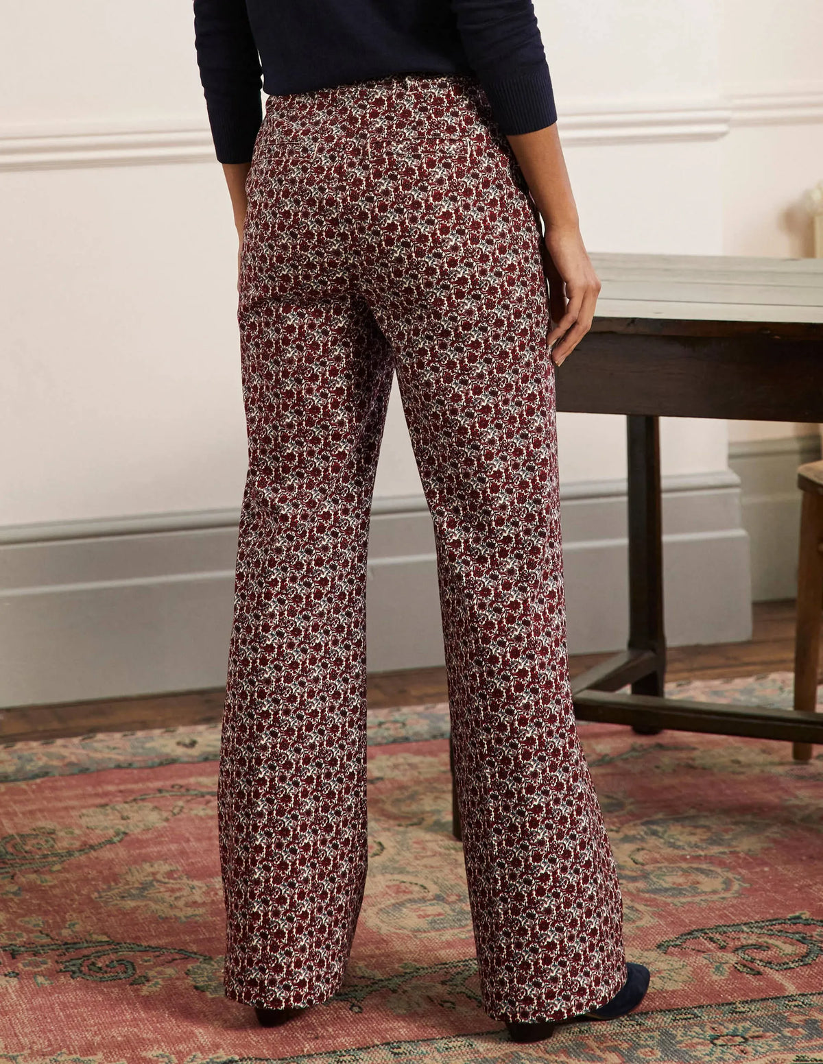 Printed Wideleg Pants-Red/Dusty Blue Floret Bloom