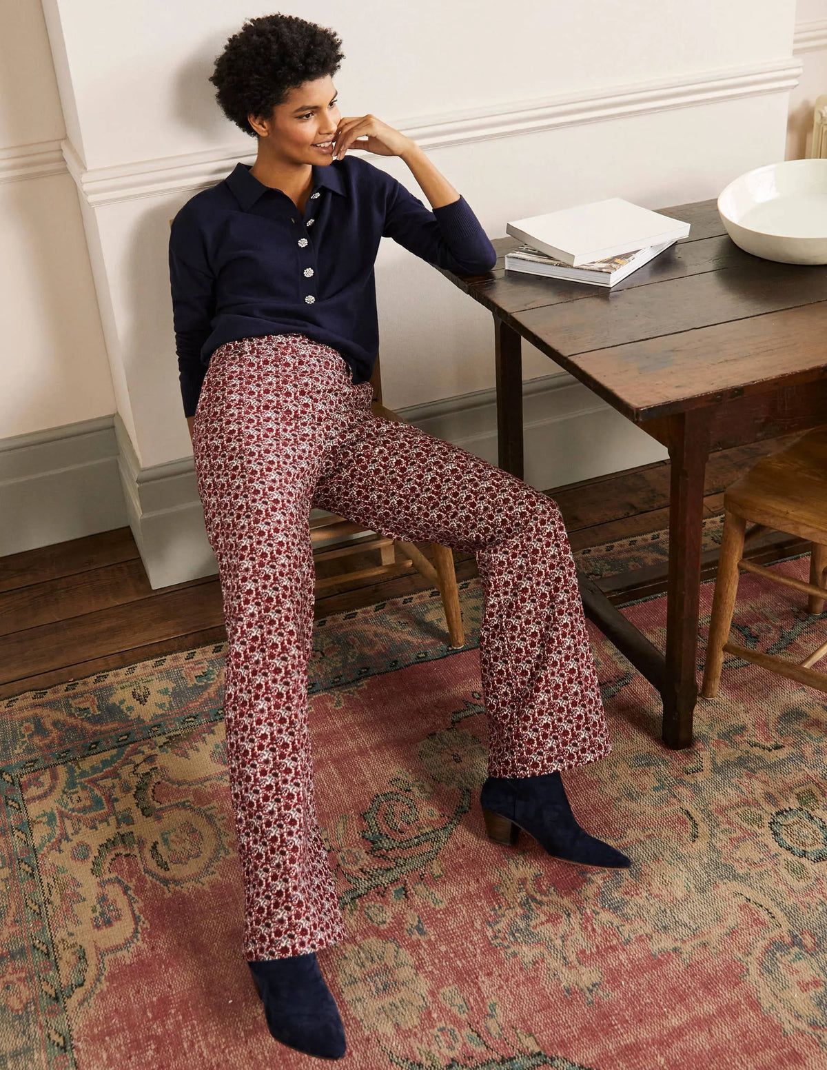 Printed Wideleg Pants-Red/Dusty Blue Floret Bloom