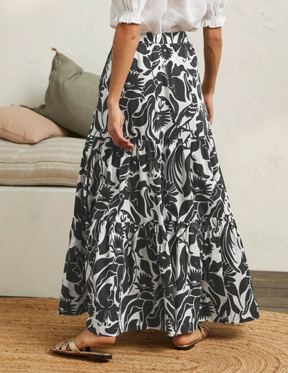 Lorna Tiered Maxi Skirt-Black, Oriental Bird