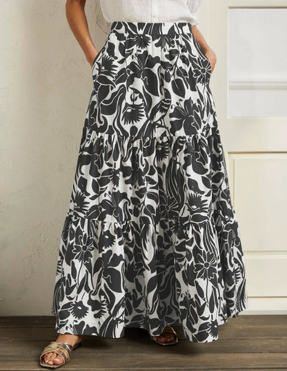 Lorna Tiered Maxi Skirt-Black, Oriental Bird
