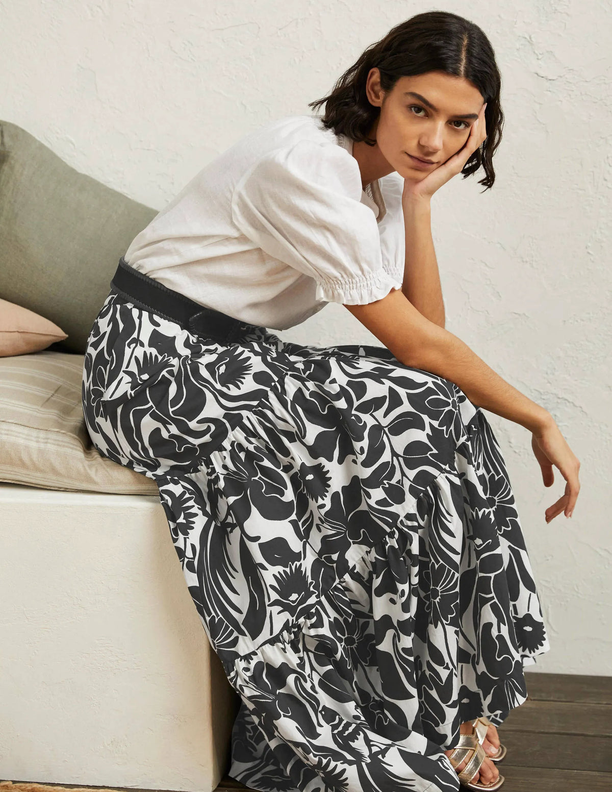 Lorna Tiered Maxi Skirt-Black, Oriental Bird